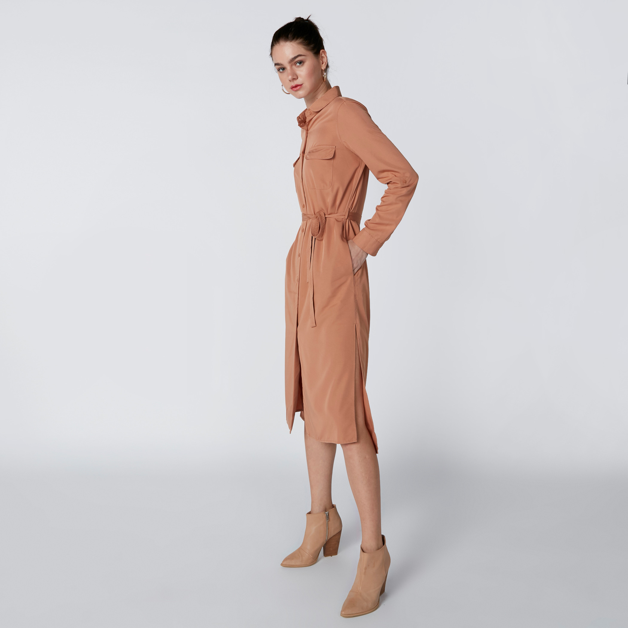 Pocket Detail Midi Shirt Dress with Long Sleeves and Tie Up Belt-women-clothing-dresses-image-3