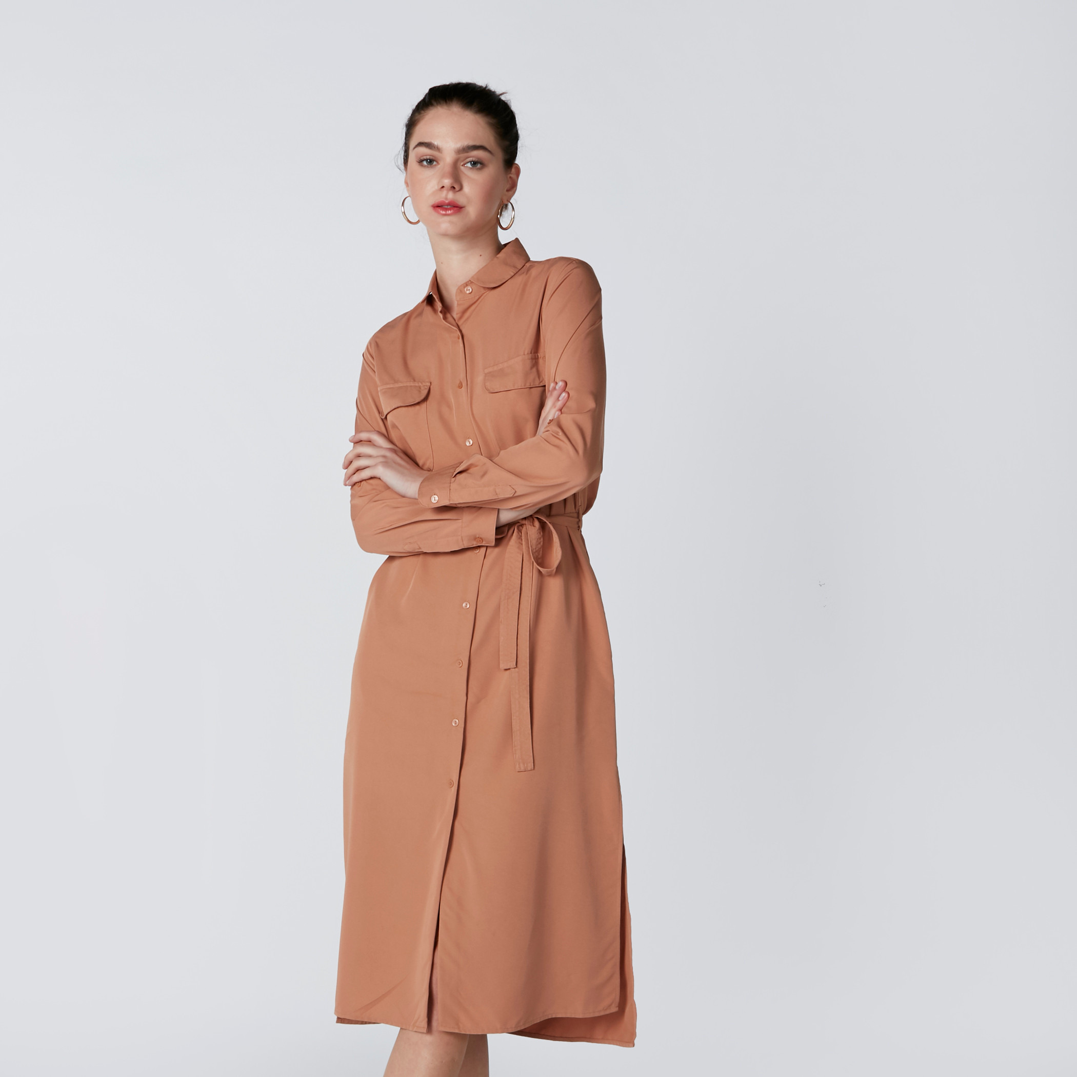 Pocket Detail Midi Shirt Dress with Long Sleeves and Tie Up Belt-women-clothing-dresses-image-4