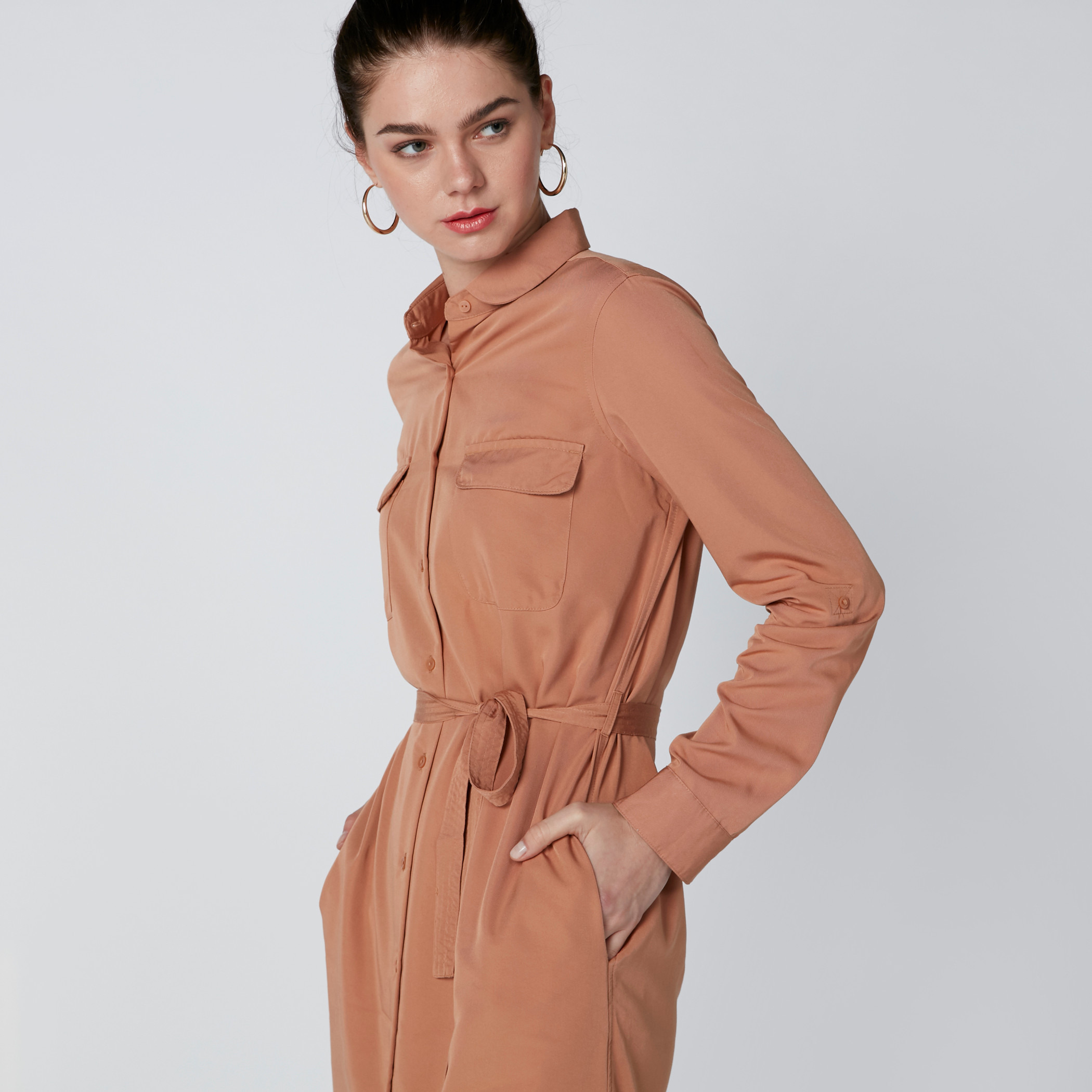 Pocket Detail Midi Shirt Dress with Long Sleeves and Tie Up Belt-women-clothing-dresses-image-5