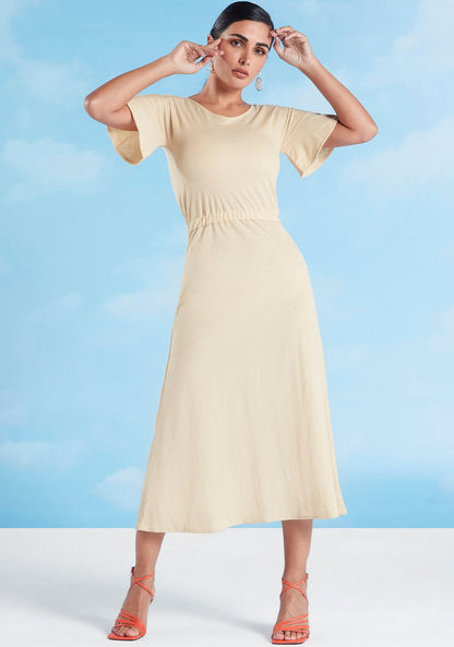 Plain A-Line Midi Dress with V neck and Flared Sleeves