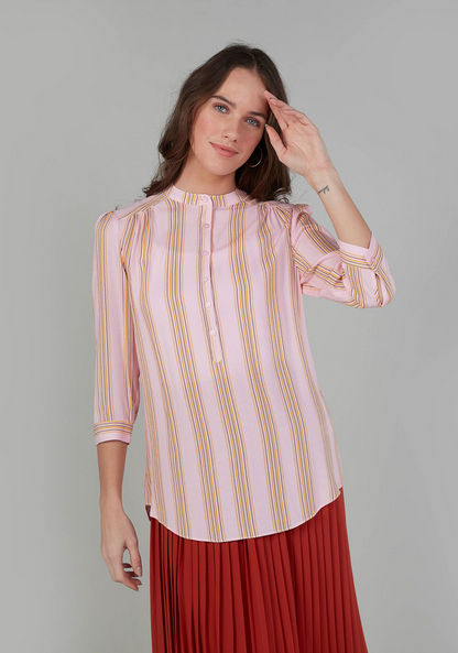 Striped Top with Mandarin Collar and Long Sleeves