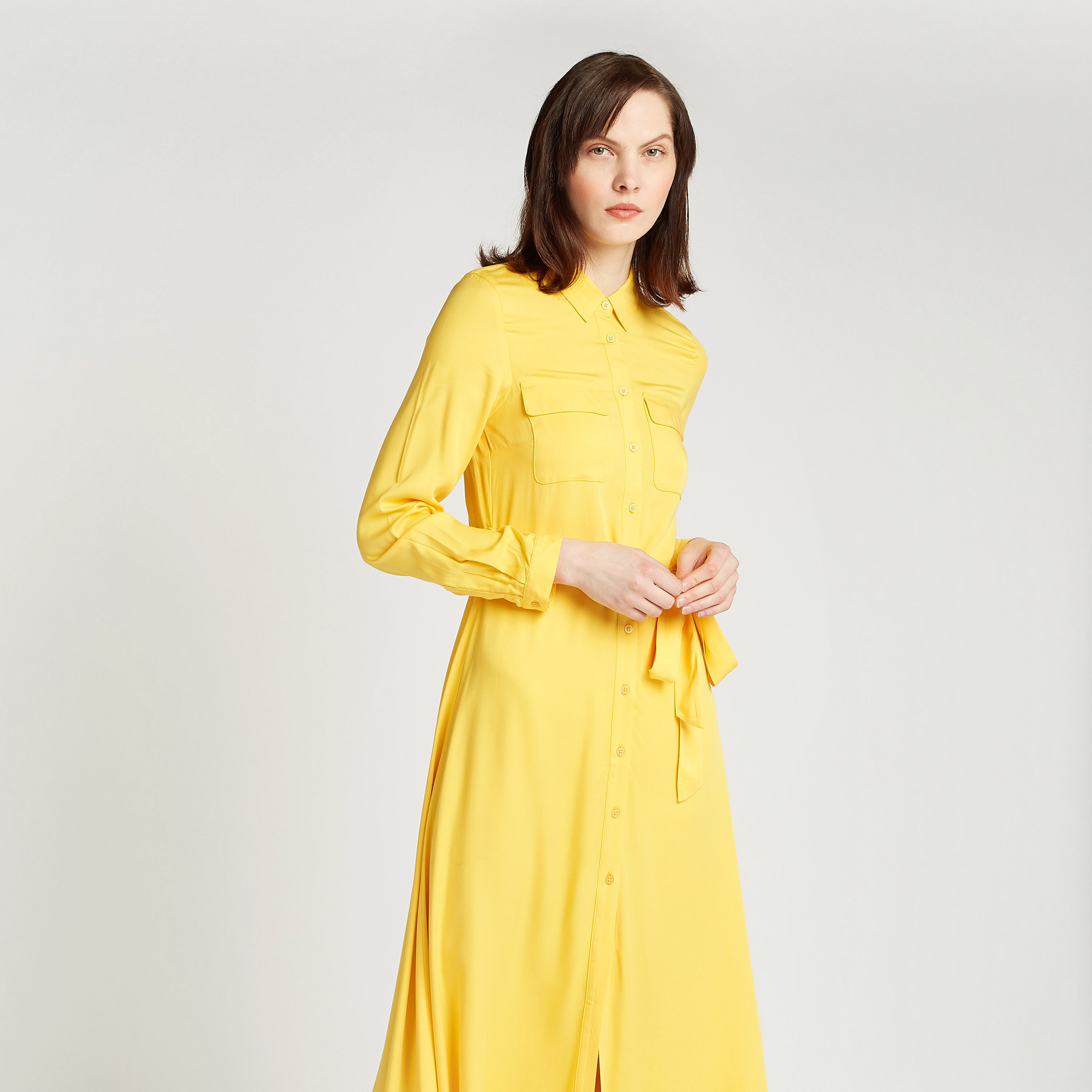 Solid Maxi Shirt Dress with Long Sleeves and Tie Ups