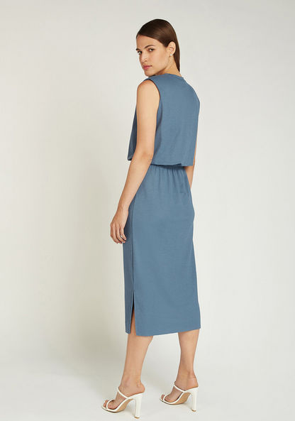 Slim Fit Solid Midi Sleeveless Dress with Crew Neck and Side Slit