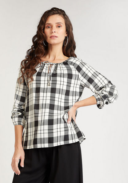 Sustainable Checked Top with Tie Neck and Bishop Sleeves