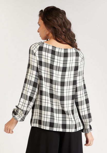 Sustainable Checked Top with Tie Neck and Bishop Sleeves