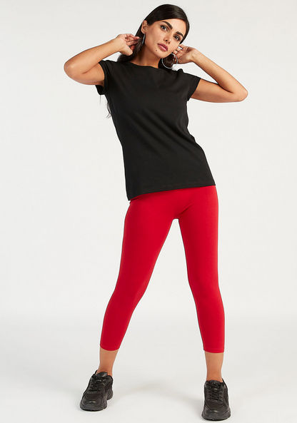 Solid Cropped Leggings with Elasticated Waistband-Leggings-image-1