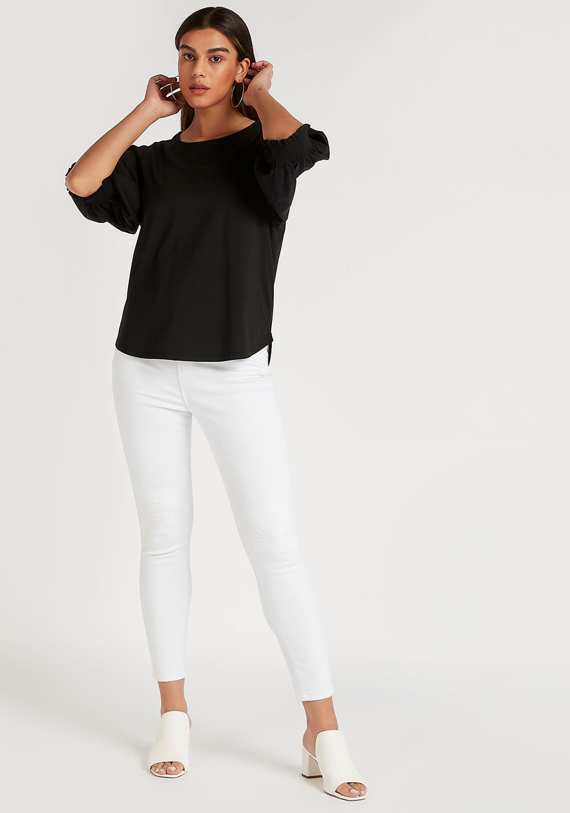 Solid Round Neck Top with 3/4 Sleeves-Shirts and Blouses-image-1