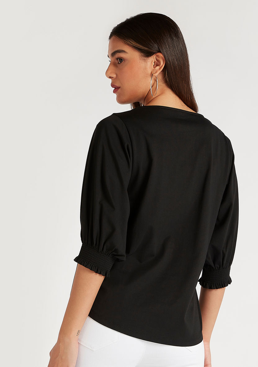 Solid Round Neck Top with 3/4 Sleeves-Shirts and Blouses-image-3