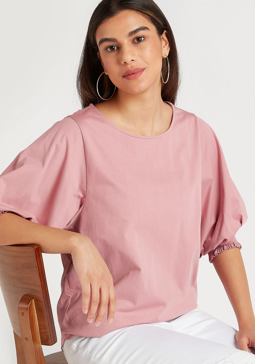 Solid Round Neck Top with 3/4 Sleeves-Shirts and Blouses-image-0