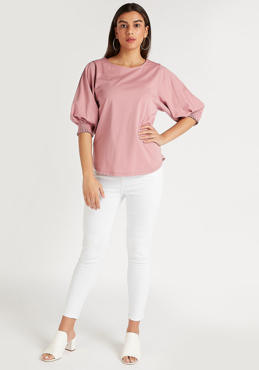 Solid Round Neck Top with 3/4 Sleeves-Shirts and Blouses-image-1