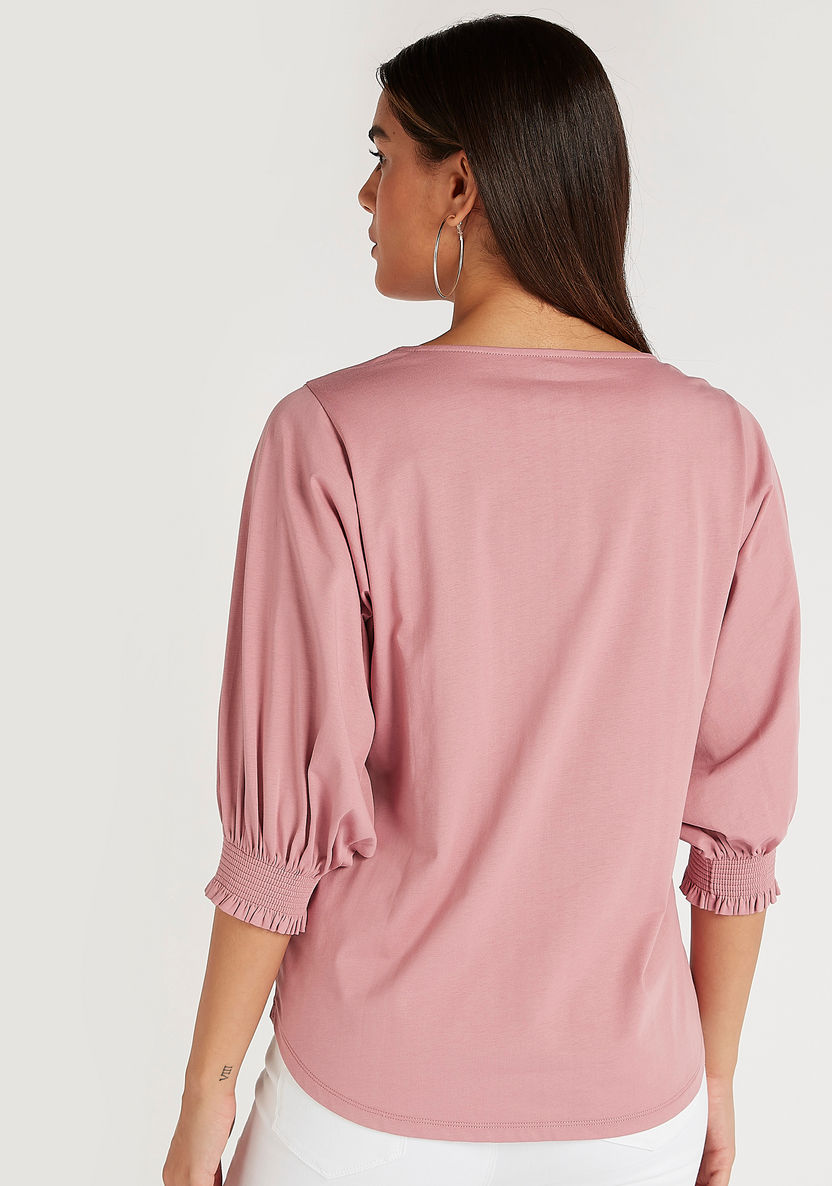 Solid Round Neck Top with 3/4 Sleeves-Shirts and Blouses-image-3