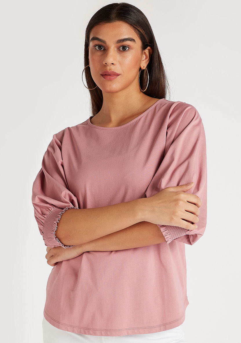 Solid Round Neck Top with 3/4 Sleeves-Shirts and Blouses-image-4