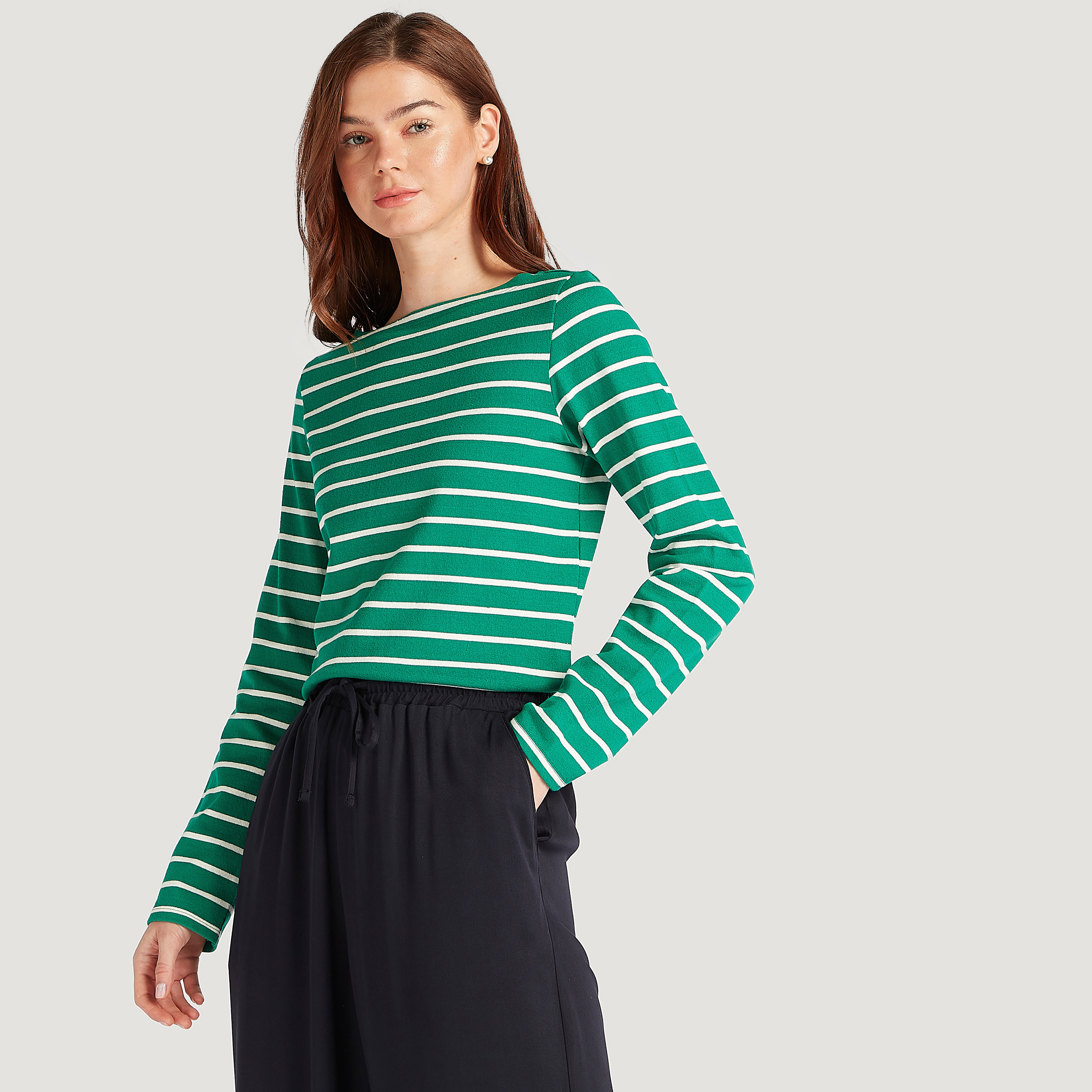 Striped T-shirt with Long Sleeves and Boat Neck-women-clothing-tshirts-image-1