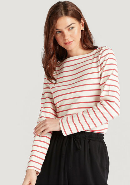 Striped T-shirt with Long Sleeves and Boat Neck-T Shirts-image-4