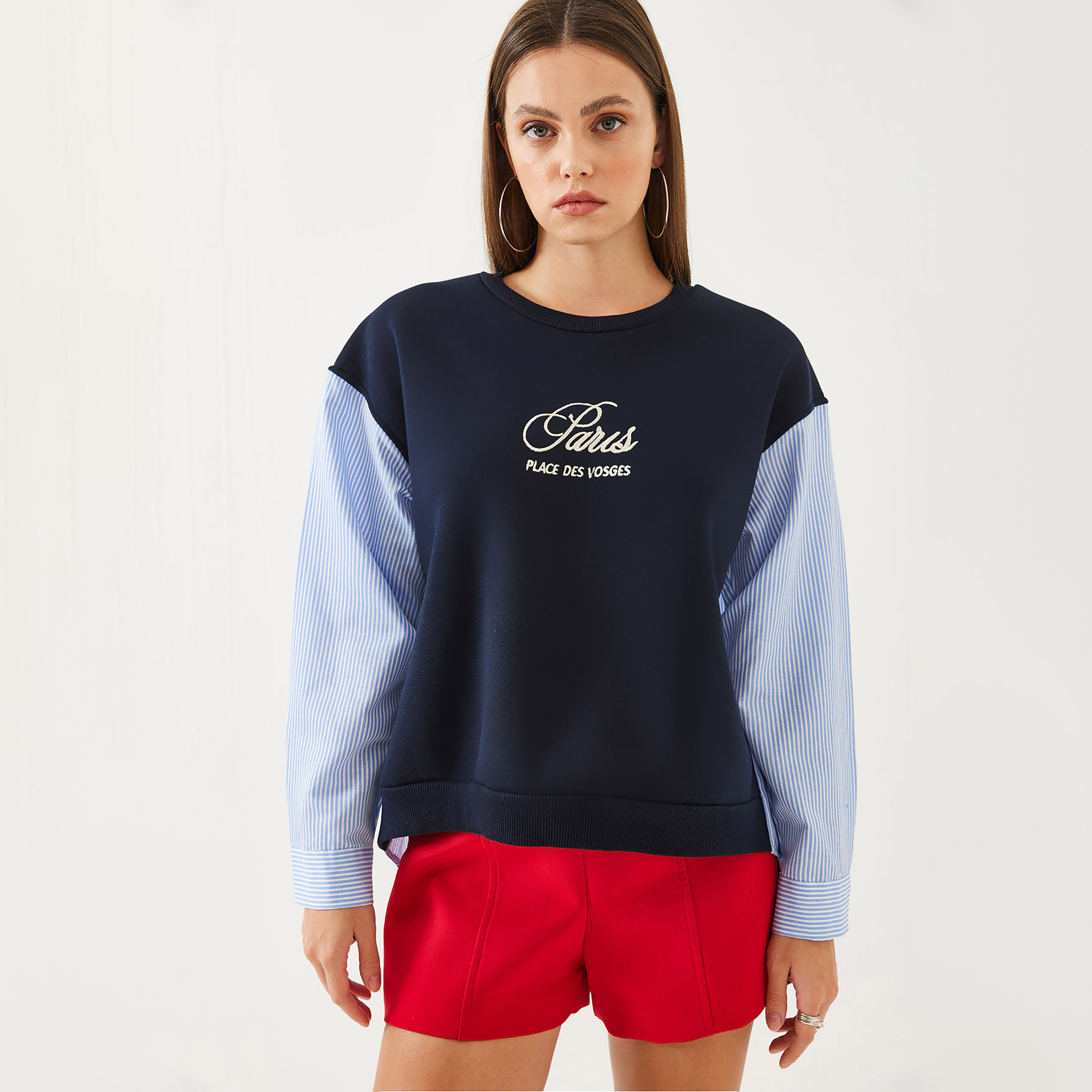 Bianco Lucci Blue Striped Cotton Women's Sweatshirt-women-clothing-hoodiesandsweatshirts-sweatshirts-image-2