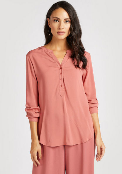 Solid V-neck Top with Long Sleeves and High Low Hem