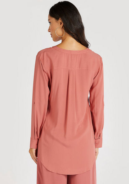 Solid V-neck Top with Long Sleeves and High Low Hem