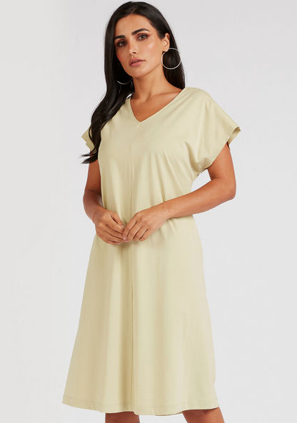 Solid V-neck Midi Dress with Cap Sleeves