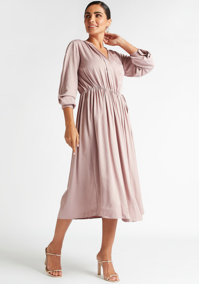 Solid V-neck Midi A-line Dress with Long Sleeves-Dresses-image-1