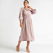 Solid V-neck Midi A-line Dress with Long Sleeves-Dresses-thumbnail-1