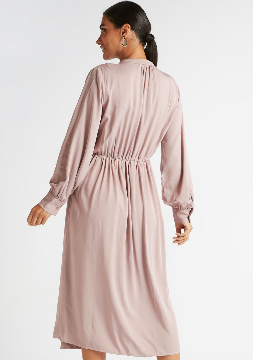 Solid V-neck Midi A-line Dress with Long Sleeves-Dresses-image-3