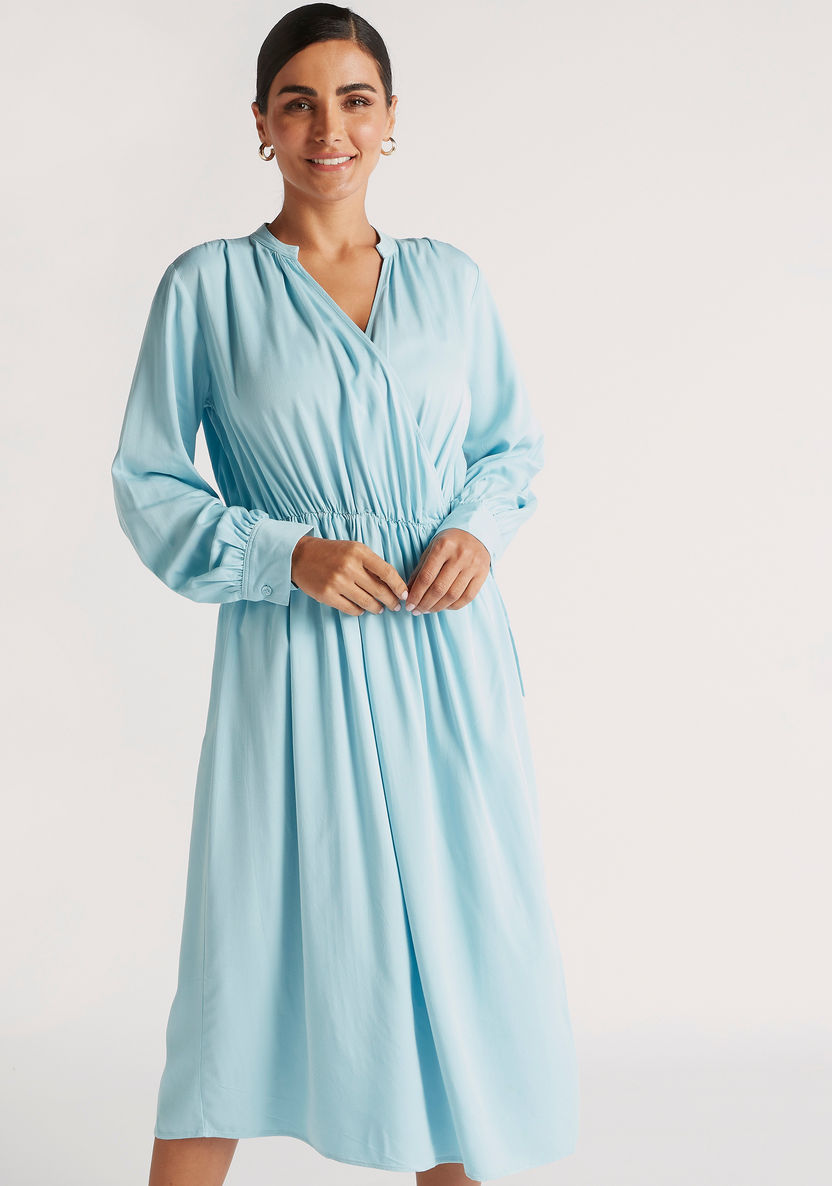 Solid V-neck Midi A-line Dress with Long Sleeves-Dresses-image-0