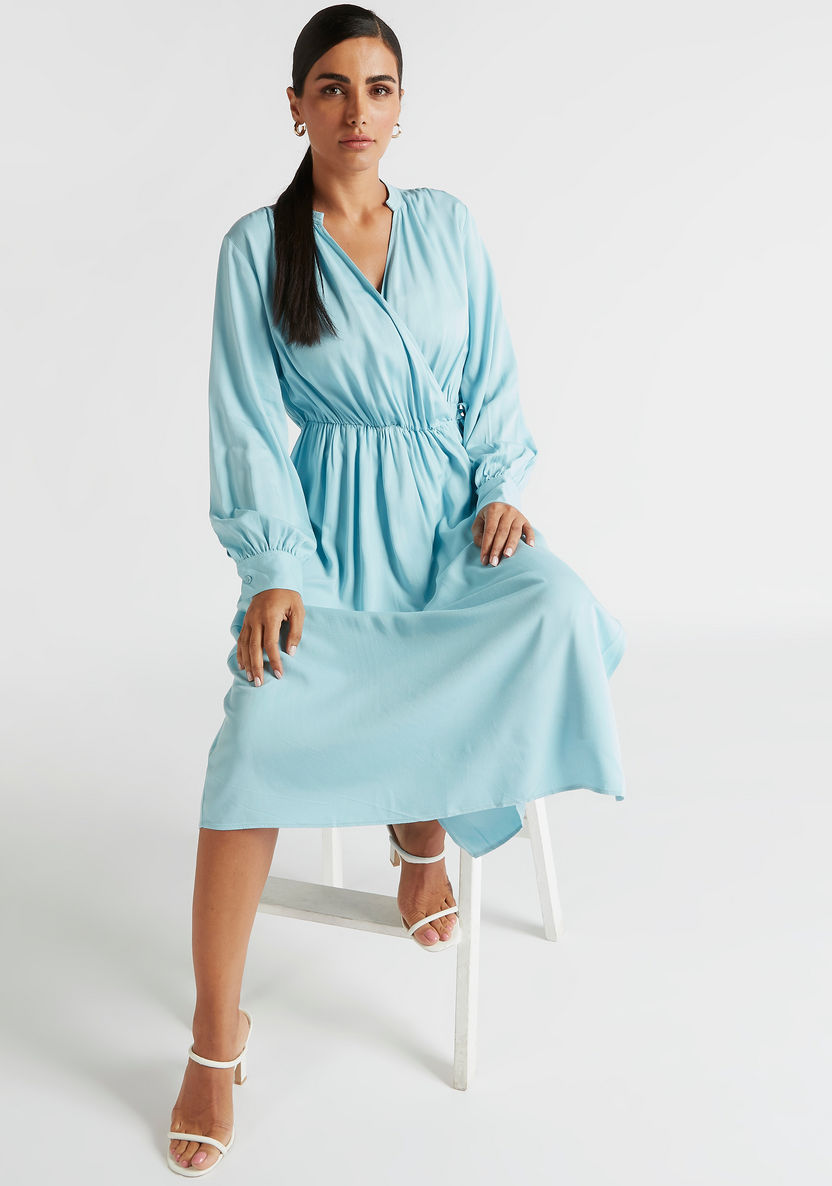 Solid V-neck Midi A-line Dress with Long Sleeves-Dresses-image-1