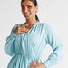 Solid V-neck Midi A-line Dress with Long Sleeves-Dresses-thumbnailMobile-2
