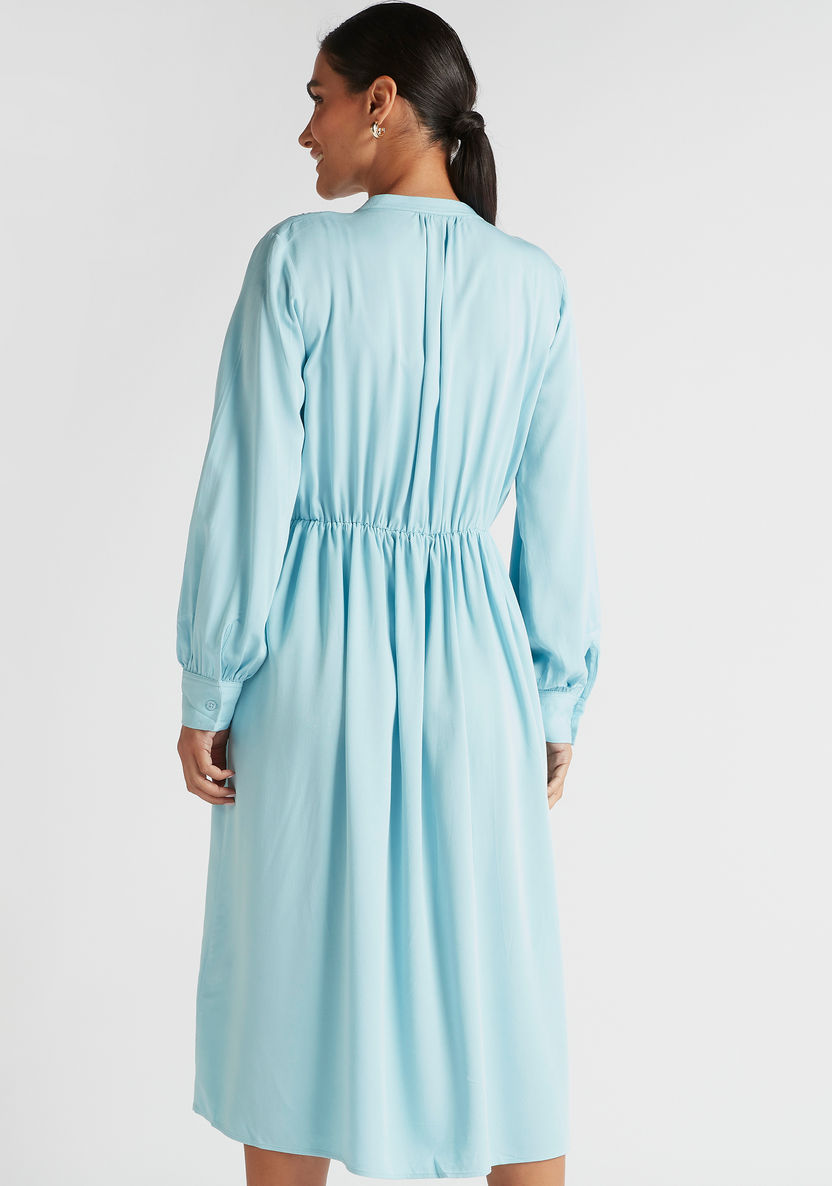 Solid V-neck Midi A-line Dress with Long Sleeves-Dresses-image-3