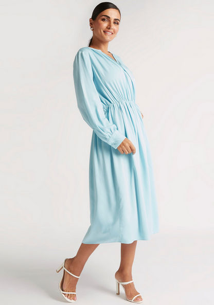 Solid V-neck Midi A-line Dress with Long Sleeves