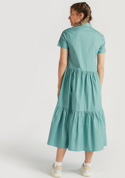 Solid A-line Midi Collared Dress with Short Sleeves