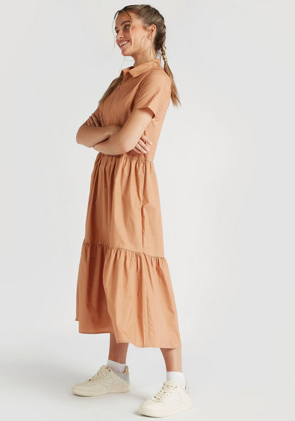 Solid A-line Midi Collared Dress with Short Sleeves