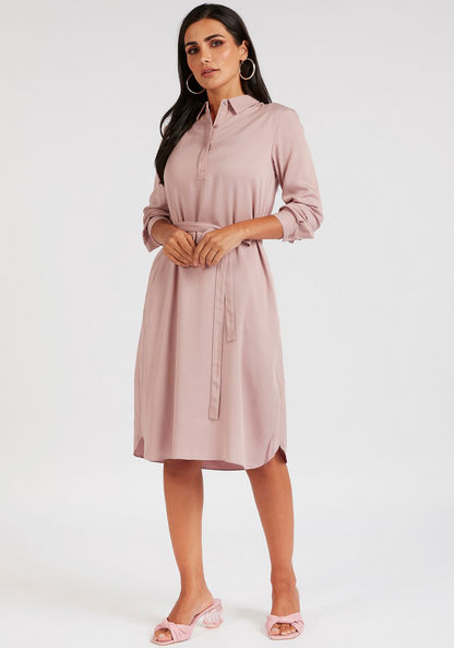 Solid Midi Shirt Dress with Long Sleeves