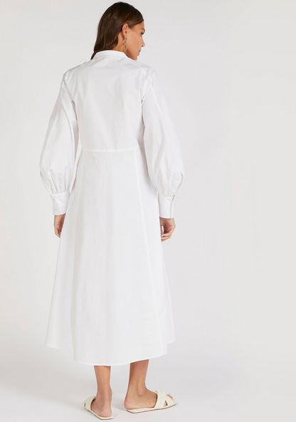 Solid Midi Mandarin Collar Shirt Dress with Bishop Sleeves