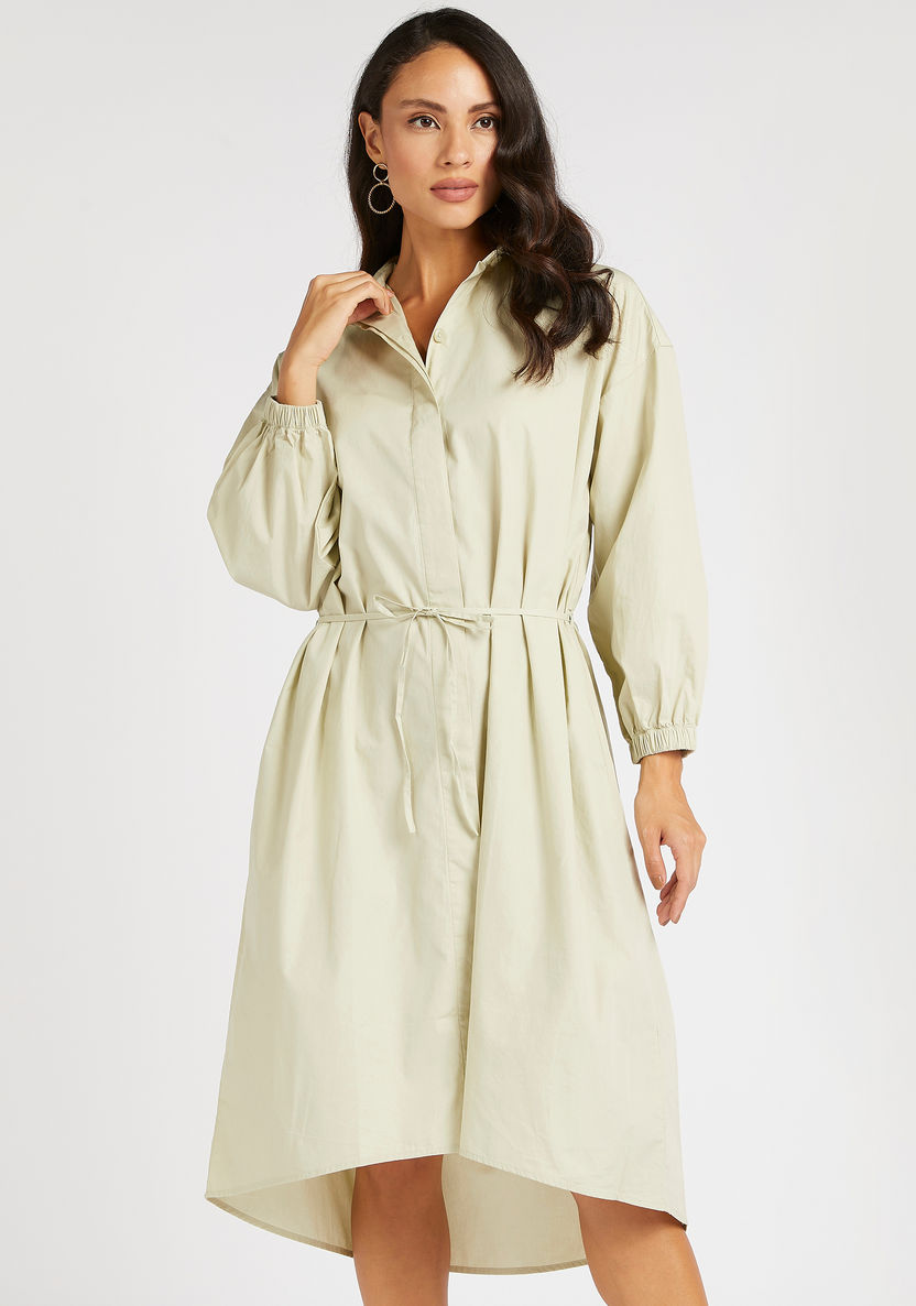 Solid Midi Belted Shirt Dress with High Low Hem-Dresses-image-0