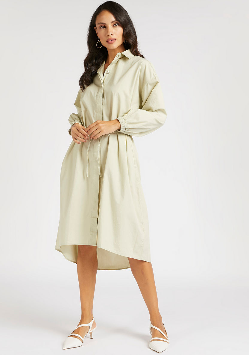 Solid Midi Belted Shirt Dress with High Low Hem-Dresses-image-1