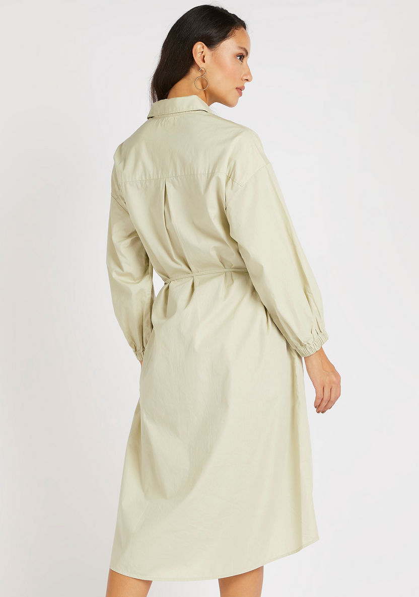 Solid Midi Belted Shirt Dress with High Low Hem-Dresses-image-3