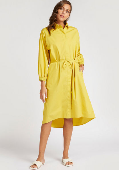 Solid Midi Belted Shirt Dress with High Low Hem