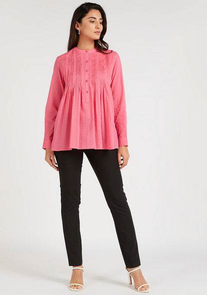 Pintuck Detailed Top with Mandarin Neck and Long Sleeves
