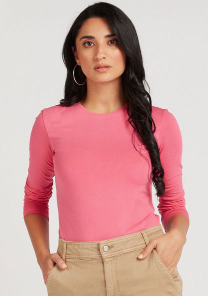 Solid Round Neck T-shirt with Long Sleeves