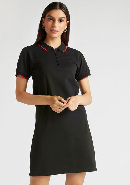 Solid Polo T-shirt Dress with Short Sleeves and Zip Closure