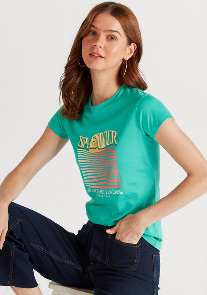 Graphic Print T-shirt with Crew Neck and Cap Sleeves