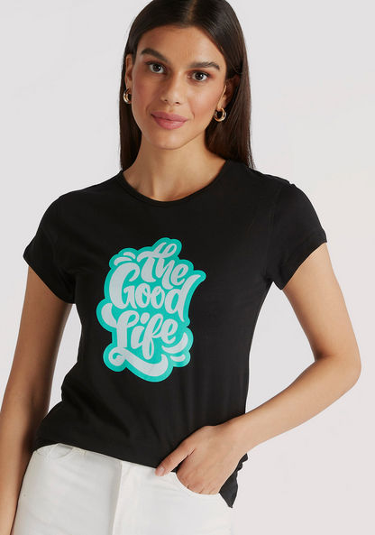 Slogan Print T-shirt with Crew Neck and Cap Sleeves