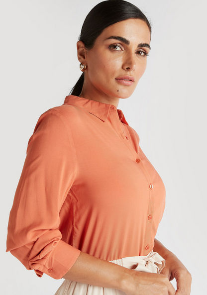 Solid Shirt with Spread Collar and Long Sleeves