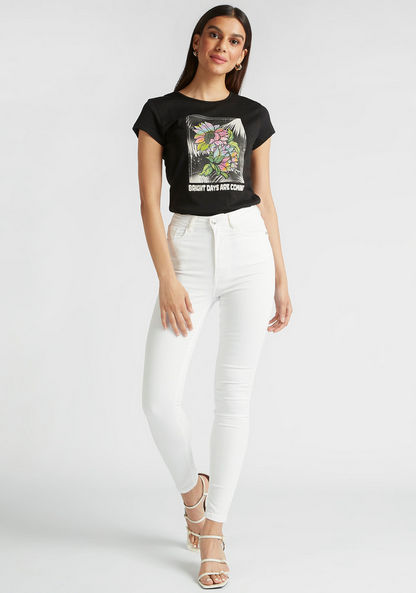 Floral Print T-shirt with Crew Neck and Cap Sleeves