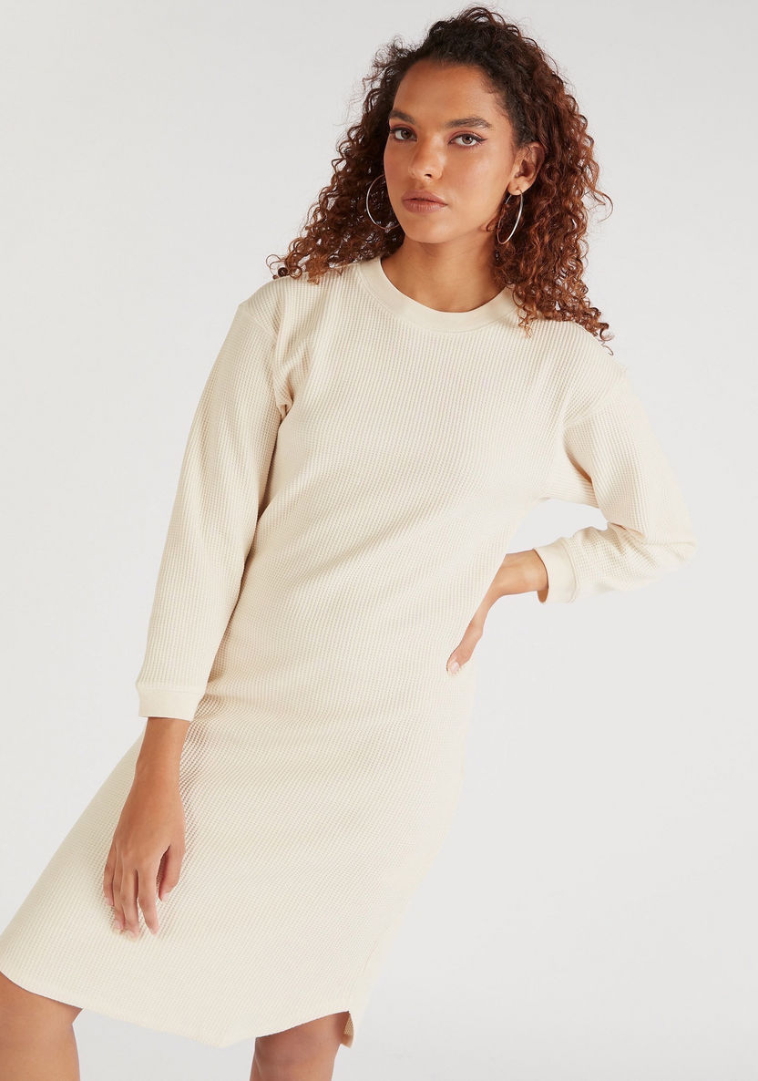 Textured Midi Shift Dress with Long Sleeves-Dresses-image-0