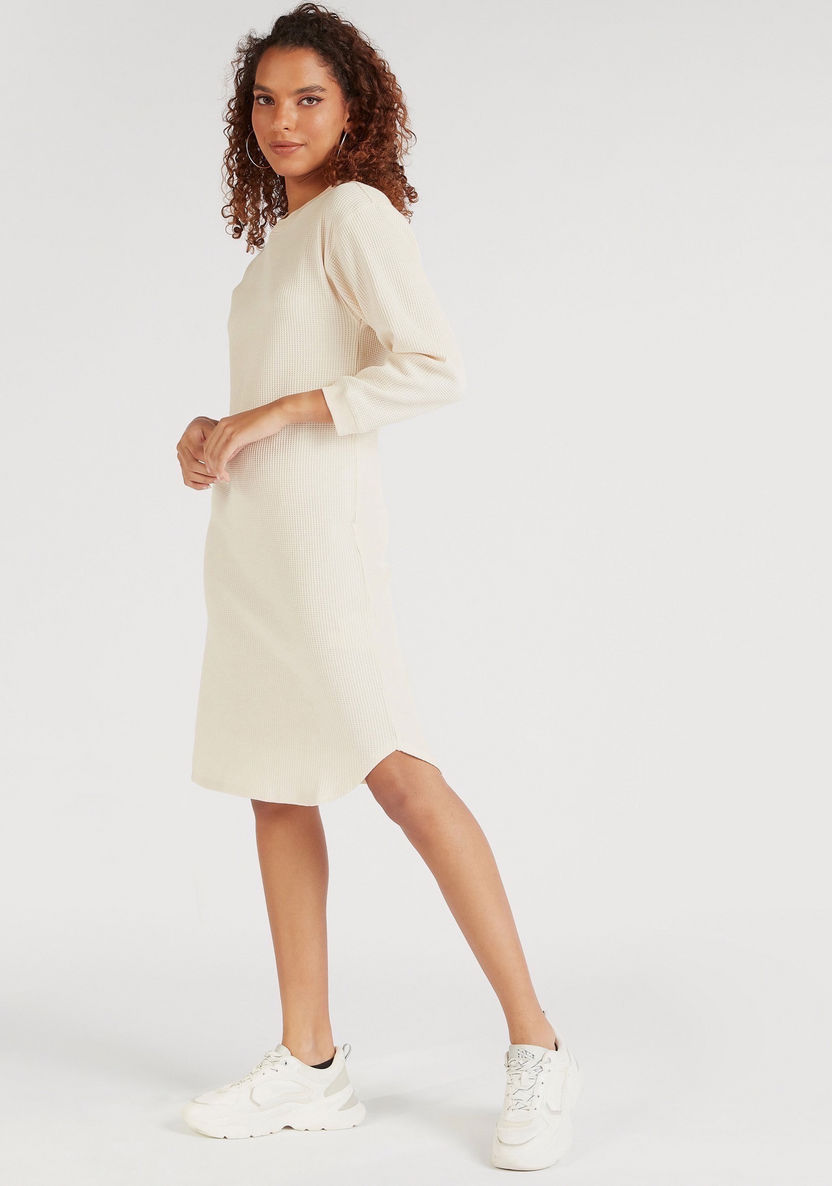 Textured Midi Shift Dress with Long Sleeves-Dresses-image-5