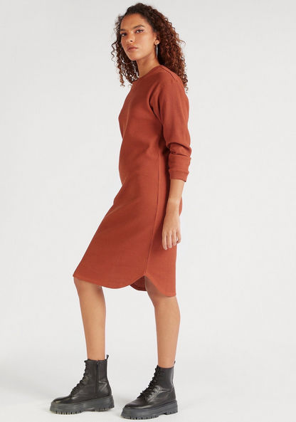 Textured Midi Shift Dress with Long Sleeves