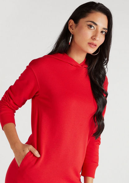 Solid Midi Shift Dress with Long Sleeves and Pockets
