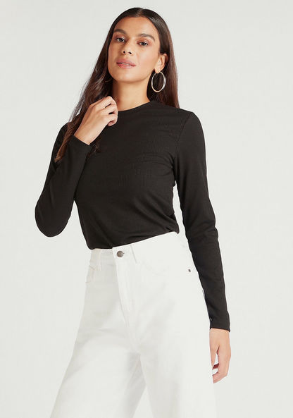 Textured Crew Neck T-shirt with Long Sleeves